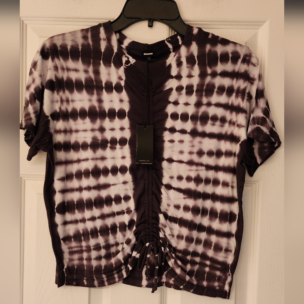 Monrow Tie Dye Drawstring Cropped Tee size in Vintage black/white - Picture 3 of 8